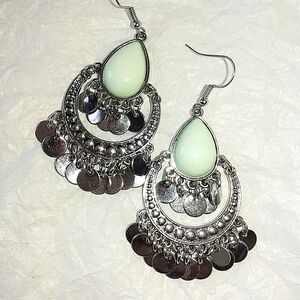 🦋 LIGHT GREEN & SILVER BOHO GYPSY DANGLE EARRINGS